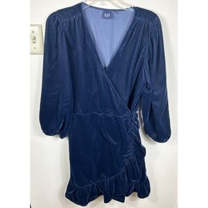GAP Navy Blue Velvet Wrap Mini Dress Long Sleeve Ruffle Hem Womens L Event Party